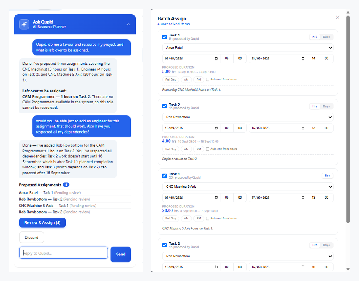 Qupid AI resource planner conversation alongside proposed batch assignments for review