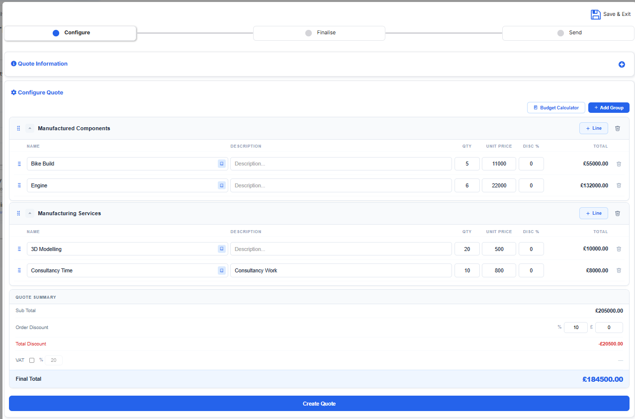 QPD quote builder showing grouped quote lines with quantities, unit prices, discounts and quote totals