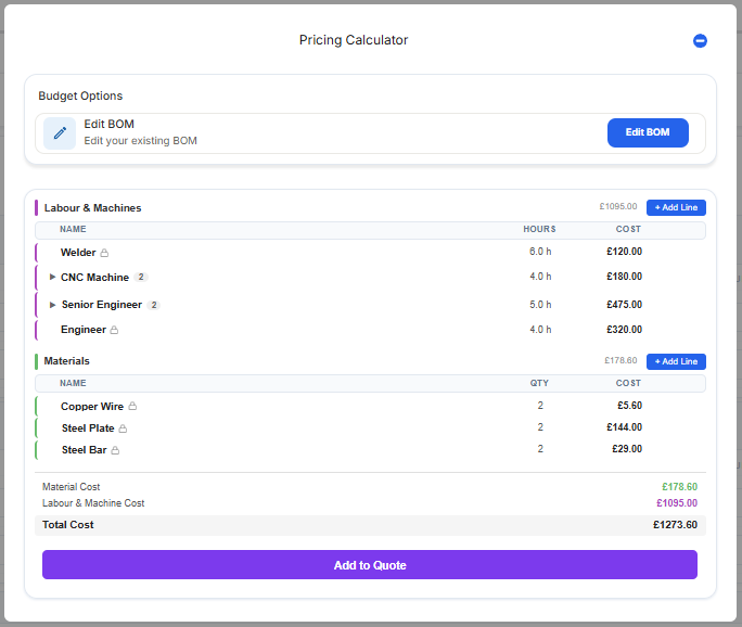 QPD pricing calculator showing labour and machine hours, material lines and total expected cost